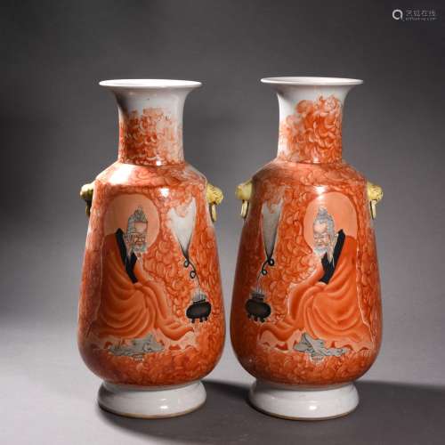 A Pair of Iron-Red Glaze Arhat Vases with Inscription