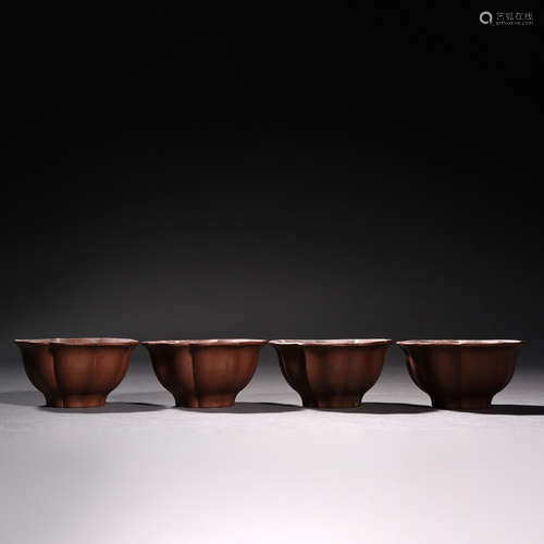 A Set of Four Yixing Foliate-Edge Cups