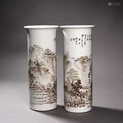 A Pair of Light-Reddish-Purple Landscape Arrow Vases