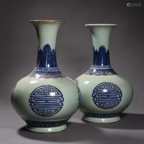 A Pair of Celadon Glaze and Underglaze Blue Longevity Vases
