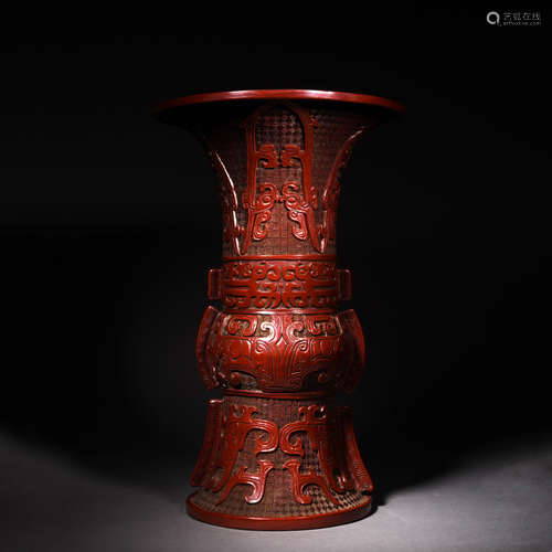 A Carved Cinnabar Lacquer Archaic Style Beaker Vase