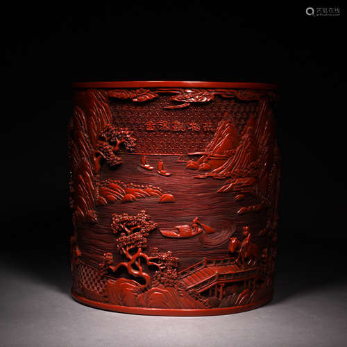 A Carved Cinnabar Lacquer Pine and Waterfall Brush Pot