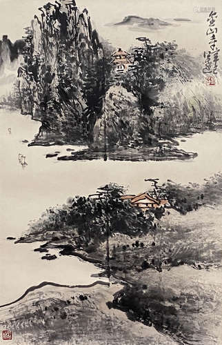 A Chinese Landscape Painting Paper Scroll, Guo Gongda Mark