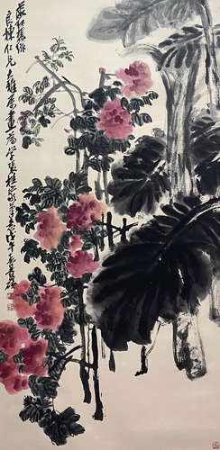 A Chinese Flower and Bird Painting Paper Scroll, Wu Changshu...