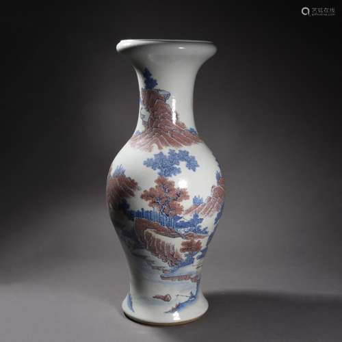 A Copper Red Glaze and Underglaze Blue Figure Zun Vase