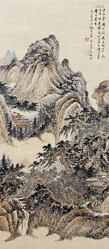 A Chinese Landscape Painting Paper Scroll, Wu Qinmu Mark