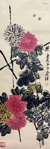 A Chinese Flower and Bird Painting Paper Scroll, Qi Baishi M...