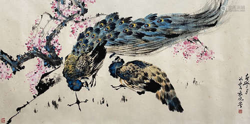 A Chinese Peacock Painting Paper Scroll, Yuan Xiaocen Mark