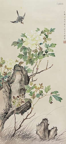 A Chinese Flower and Bird Painting Paper Scroll, Song Meilin...