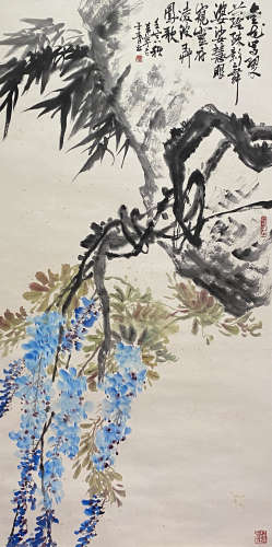 A Chinese Flower and Bird Painting Paper Scroll, Yu Xining M...