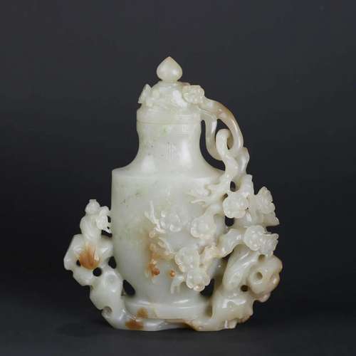 CARVED JADE PRUNES VASE AND COVER