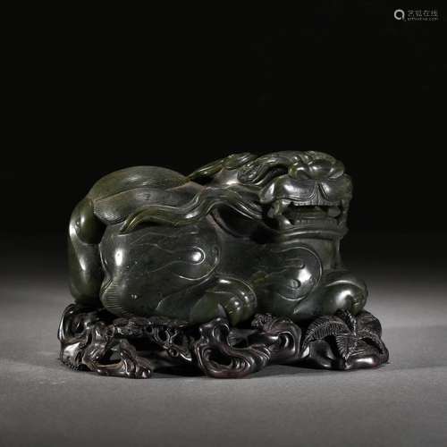 CARVED SPINACH-GREEN JADE MYTHICAL BEAST