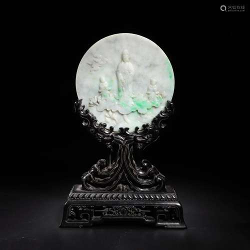 CARVED MOTTLED JADEITE ROUND TABLE SCREEN