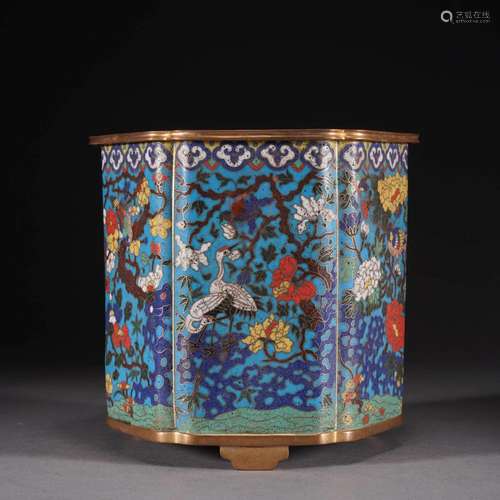 CLOISONNE ENAMEL FLOWER AND BIRD HEXAGONAL BRUSH POT