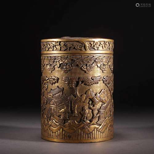 GILT BRONZE FIGURE STORY COVERED JAR