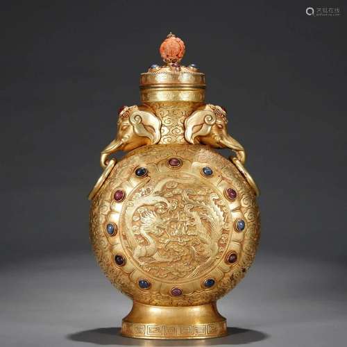 HARDSTONE INLAID GOLD DRAGON AND PHOENIX MOON FLASK