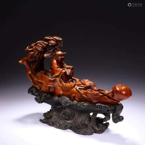 CARVED BOXWOOD LIUHAI AND HIS TOAD ORNAMENT