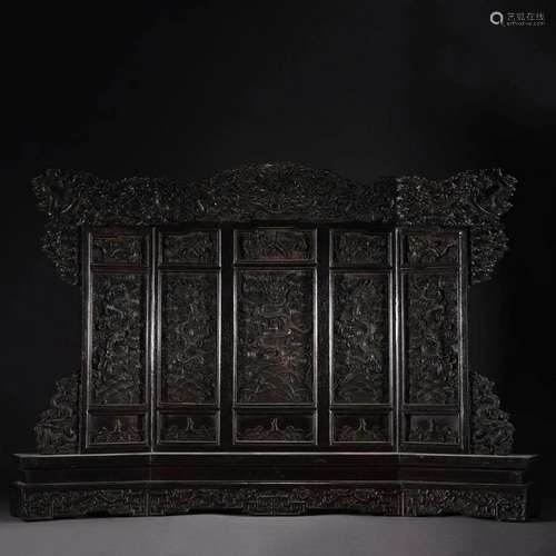 SET OF CARVED SANDALWOOD DRAGON AND CLOUD FIVE-SCREEN