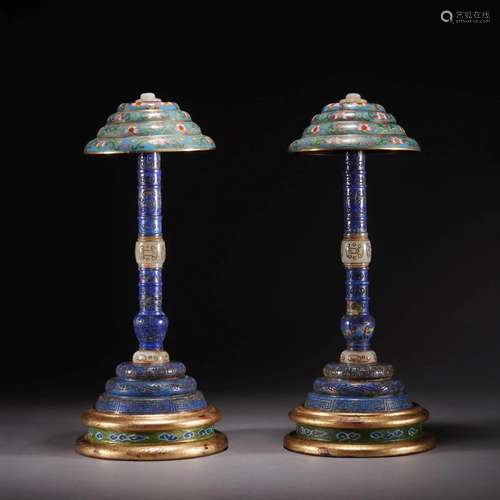 PAIR OF CLOISONNE ENAMEL INLAID LAPIS LAZULI HAT STANDS