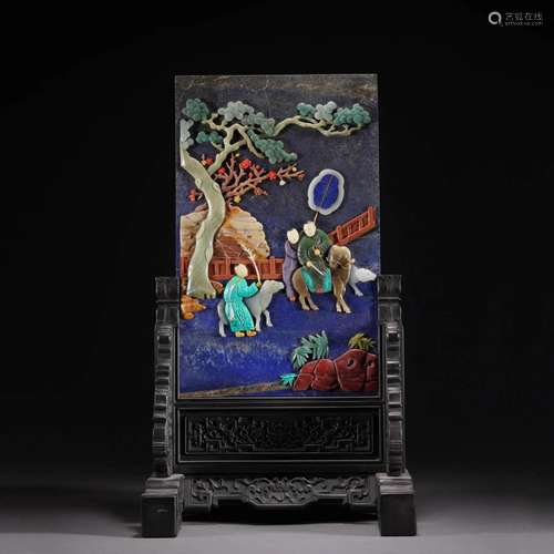 HARDSTONE INLAID LAPIS LAZULI FIGURES TABLE SCREEN