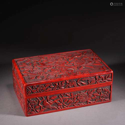 CARVED CINNABAR LACQUER PEONY BOX AND COVER