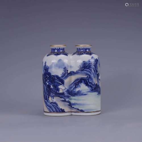 BLUE AND WHITE LANDSCAPE CONJOINED VASE