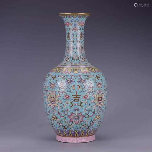 TURQUOISE GROUND YANGCAI GLAZE LOTUS GLOBULAR VASE