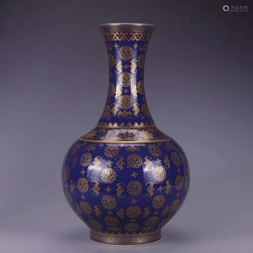 GILT DECORATED SACRIFICIAL BLUE GLAZE FLORAL BOTTLE