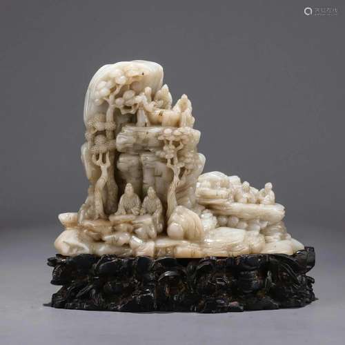 CARVED SHOUSHAN STONE FIGURE BOULDER, WITH WOOD STAND