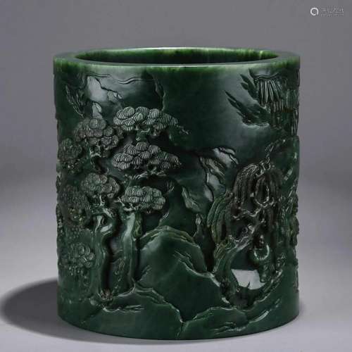 CARVED SPINACH-GREEN JADE LANDSCAPE&FIGURE BRUSH POT