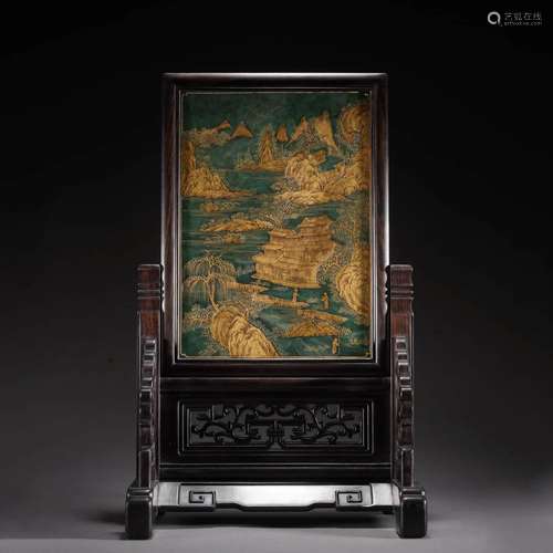 GILT DECORATED SPINACH GREEN JADE LANDSCAPE TABLE