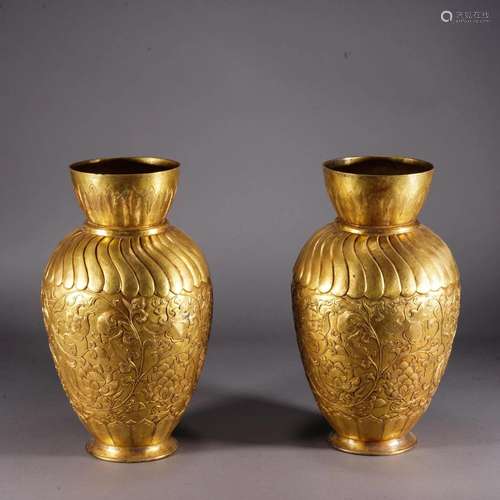 PAIR OF ENGRAVED GILT BRONZE FLORAL VASES