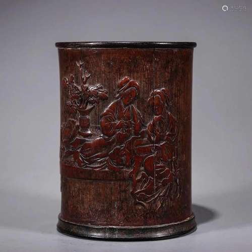 BAMBOO DECORATED SANDALWOOD LADY BRUSH POT