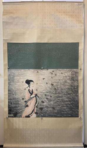 FU BAOSHI, CHINESE LADY PAINTING PAPER SCROLL