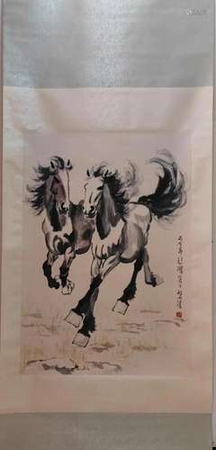 XU BEIHONG, CHINESE HORSE PAINTING PAPER SCROLL