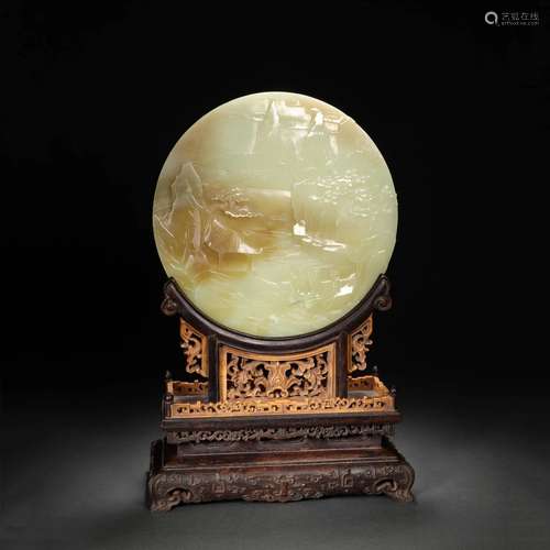 CARVED RUSSET JADE FIGURE ROUND TABLE SCREEN