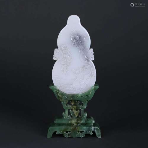 CARVED JADE DOUBLE-GOURD-SHAPE TABLE SCREEN WITH JASPER