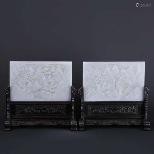 PAIR OF CARVED WHITE JADE SCHOLARS TABLE SCREENS