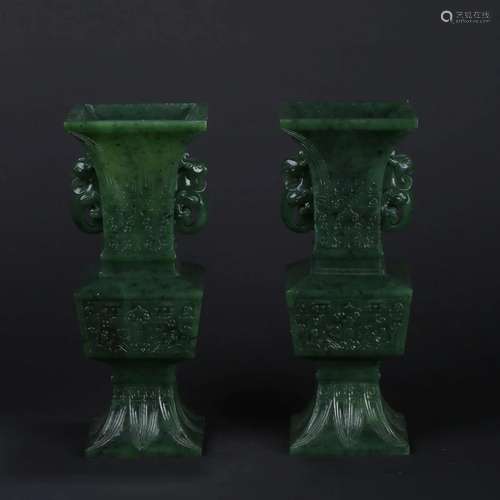 PAIR OF CARVED SPINACH-GREEN JADE GU VASES