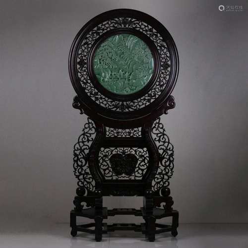 CARVED SPINACH-GREEN JADE ROUND TABLE SCREEN