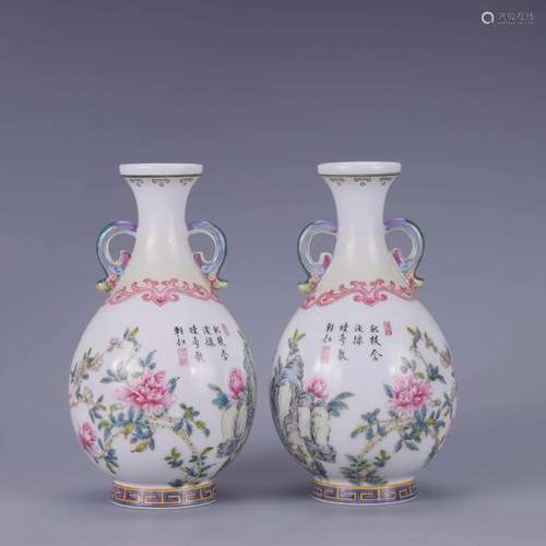 PAIR OF FALANGCAI GLAZE FLOWER AND BIRD VASES