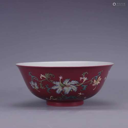 ROUGE-RED GLAZE FLORAL BOWL