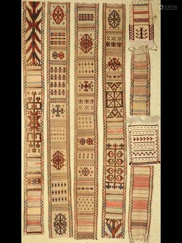 Mixed lot of 8 tent straps, Turkmenistan, 19thcentury