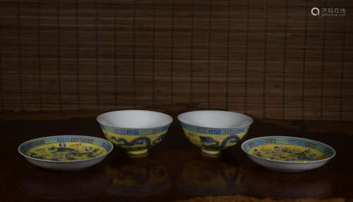 A pair of Wu cai 'dragon' dish and bowl