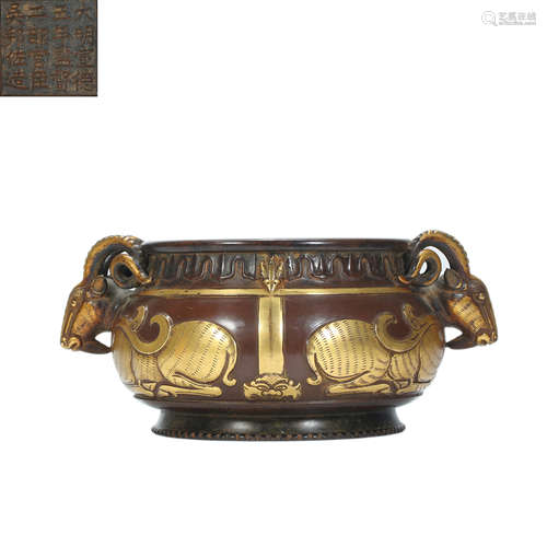 Ming Dynasty,Bronze Gilt Beast Ear Incense Burner