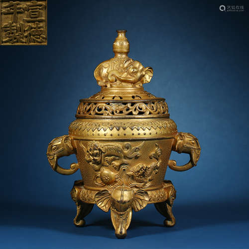 Ming Dynasty,Bronze Gilt Elephant Ear Incense Burner