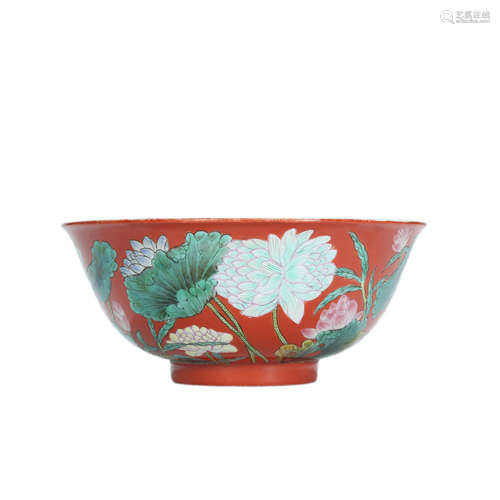 Qing Dynasty,Famille Rose Red Ground Flower Pattern Bowl