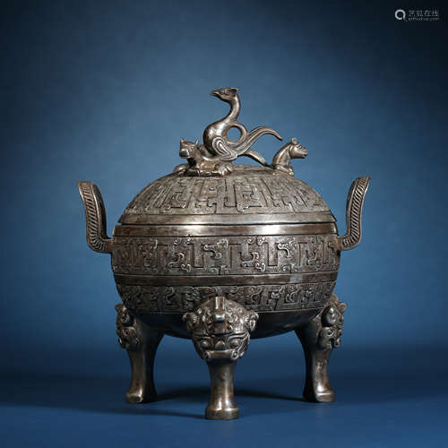 Qing Dynasty,Pure Silver Three-Legged Ding Style Incense Bur...