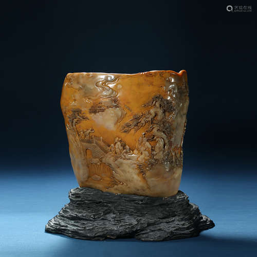 Qing Dynasty,Field-Yellow Stone Pen Container