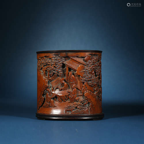 Qing Dynasty,Bamboo Carved Character Story Pen Holder